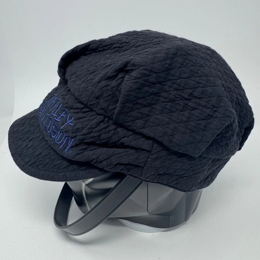 Harley Davidson Black Textured Quilted Newsboy Cap Hat‎ with Blue Embroidery